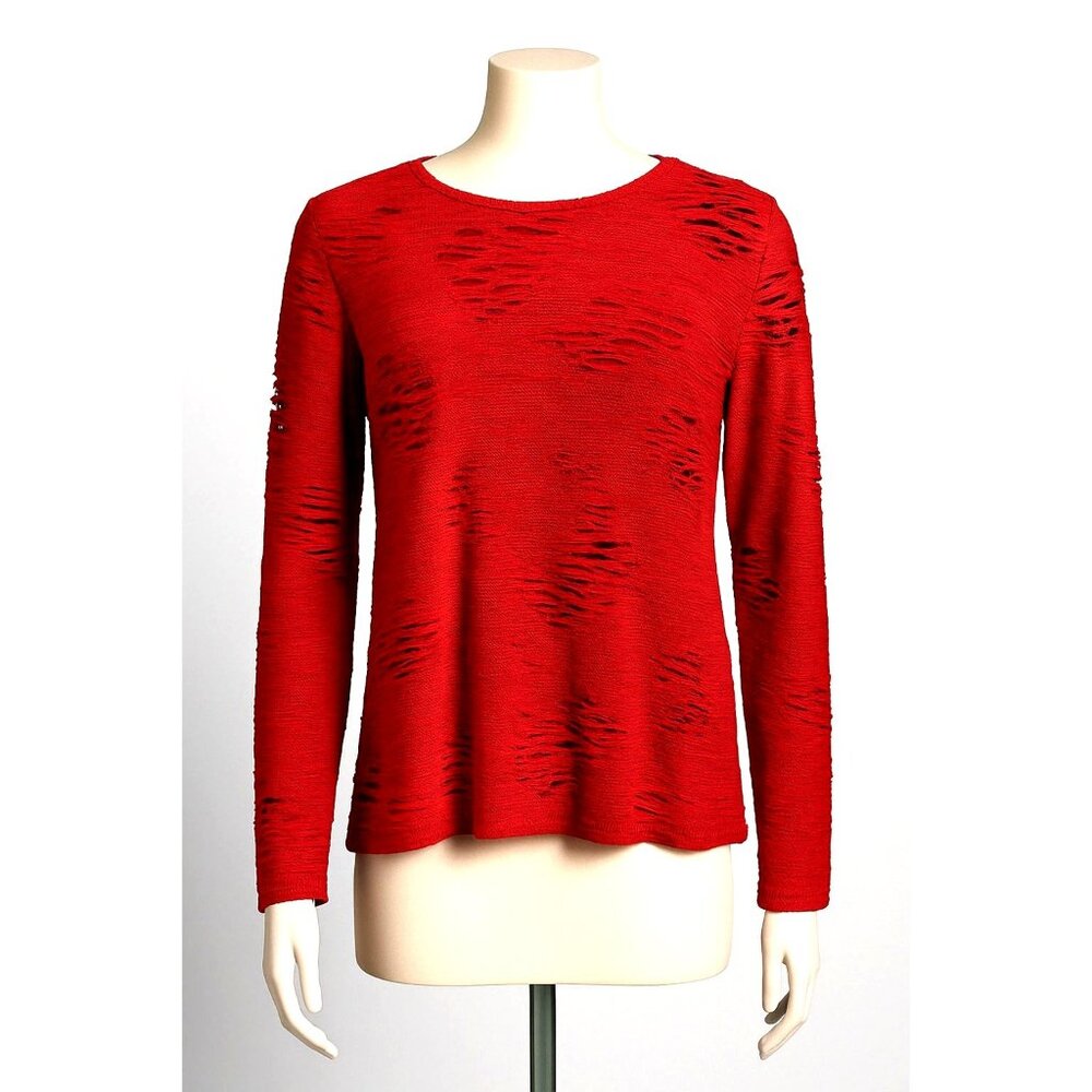 Chicos Red Textured Long Sleeve Distressed Art To Wear Long Sleeve Top Size 3 XL